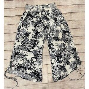 Rewash Floral Tropical Print Blue & White Rayon Wide Leg Crop Pants Size XL